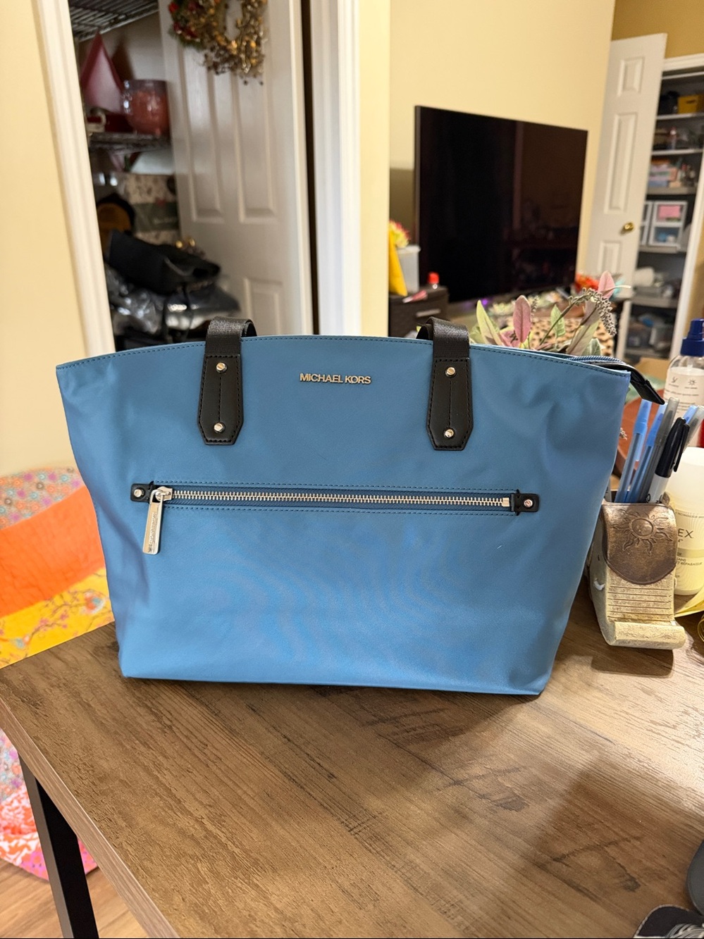 Michael Kors Polly Medium Top Zip Nylon Tote In Sky Blue - NWT